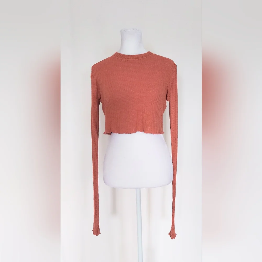 Free People Intimately Crewneck Cropped Long Sleeve Waffleknit Shirt Size XS